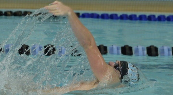 HOPKINSSPORTS.COM
Sophomore Jan Hagemeister swims for one of his two wins versus F&amp;M.