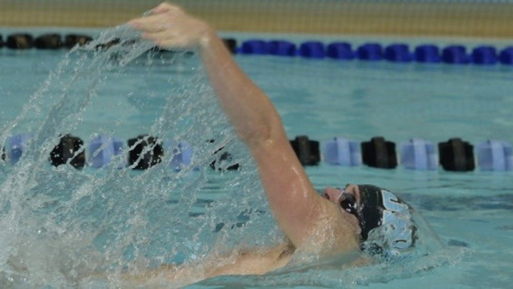 HOPKINSSPORTS.COM
Sophomore Jan Hagemeister swims for one of his two wins versus F&amp;M.