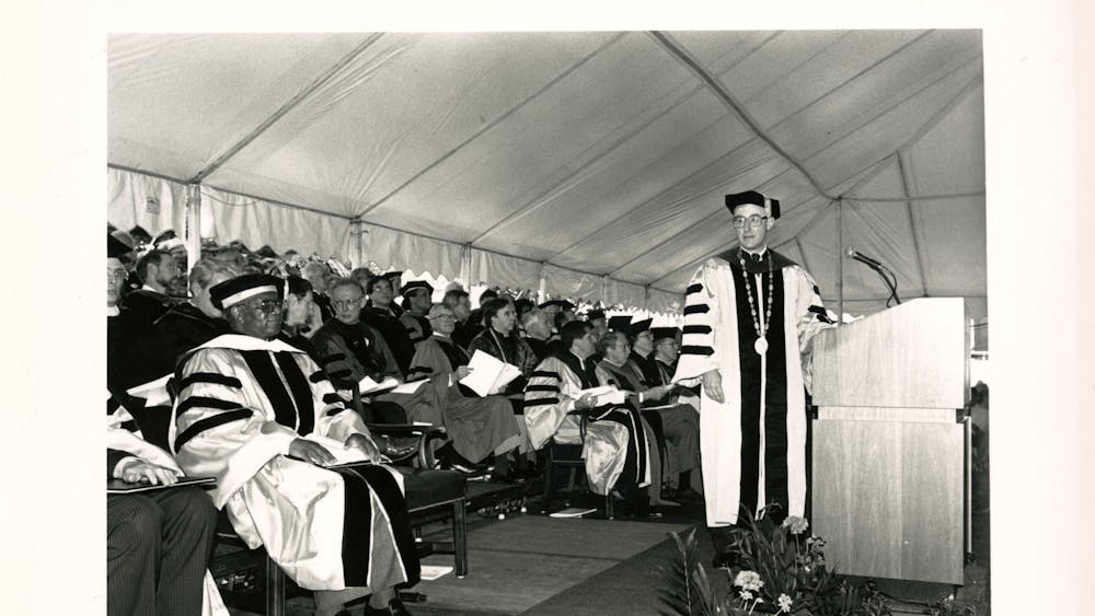 COURTESY OF THE JOHNS HOPKINS UNIVERSITY GRAPHIC AND PICTORIAL COLLECTION
Then-University President William C. Richardson speaks at Edelman's graduation in 1992.