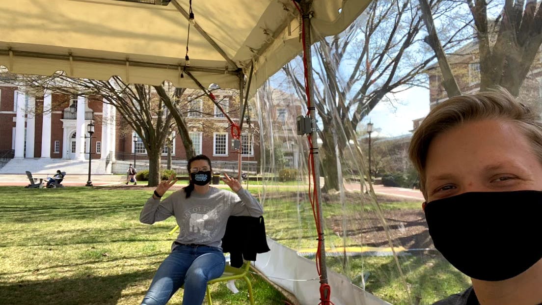 COURTESY OF CARTER BRADY
A Place to Talk members Carter Brady and Rebecca Reed sit for their first in-person shift of the year.&nbsp;