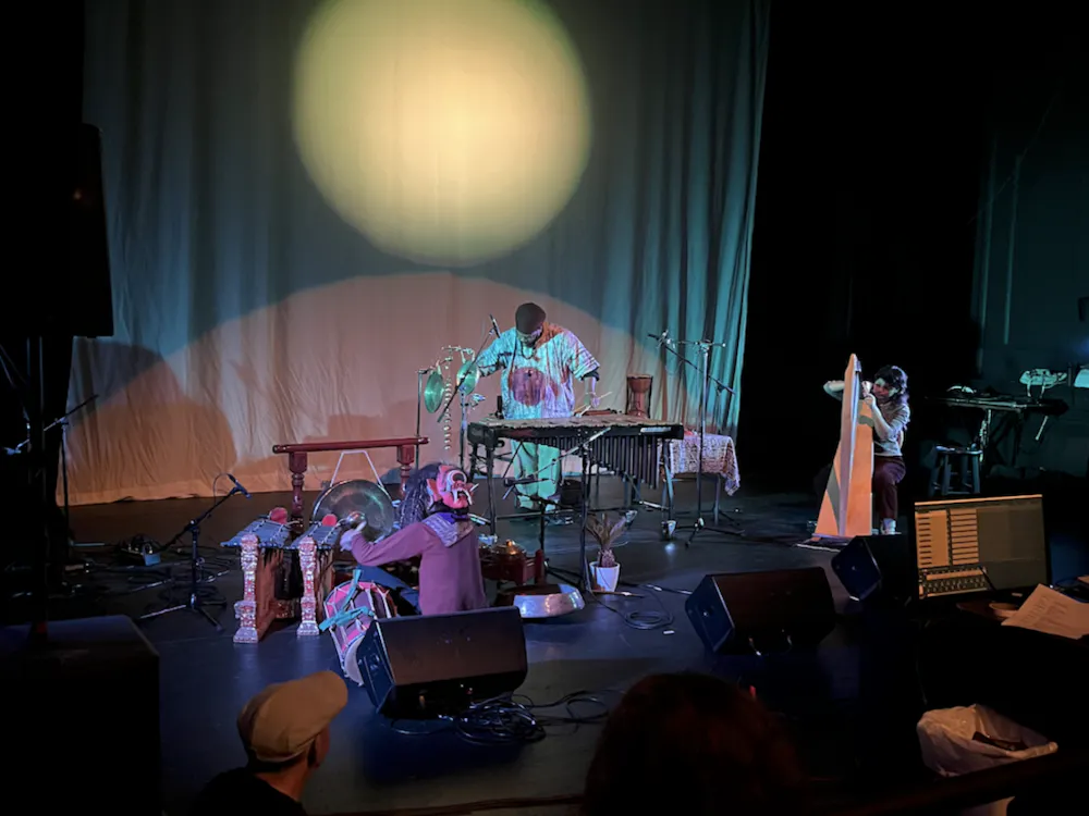 COURTESY OF BEN ANDREESEN
Experimental music performers at Baltimore’s High Zero Festival, from left to right: Putu Tangkas Adi Hiranmayena, Jamal Moore, Mickey Lusk