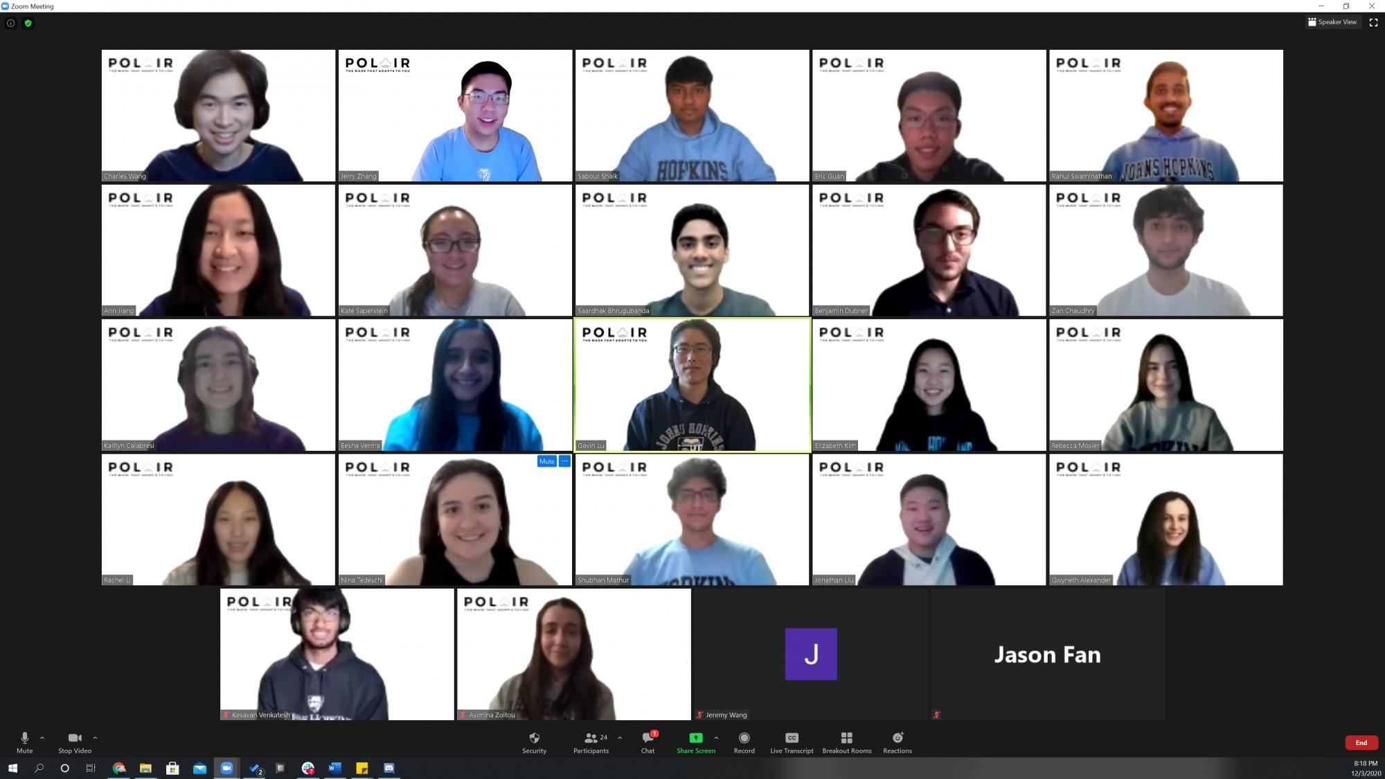 COURTESY OF TEAM POLAIR
Team Polair, a group of 24 Hopkins undergrads, held regular virtual meetings to design their mask.