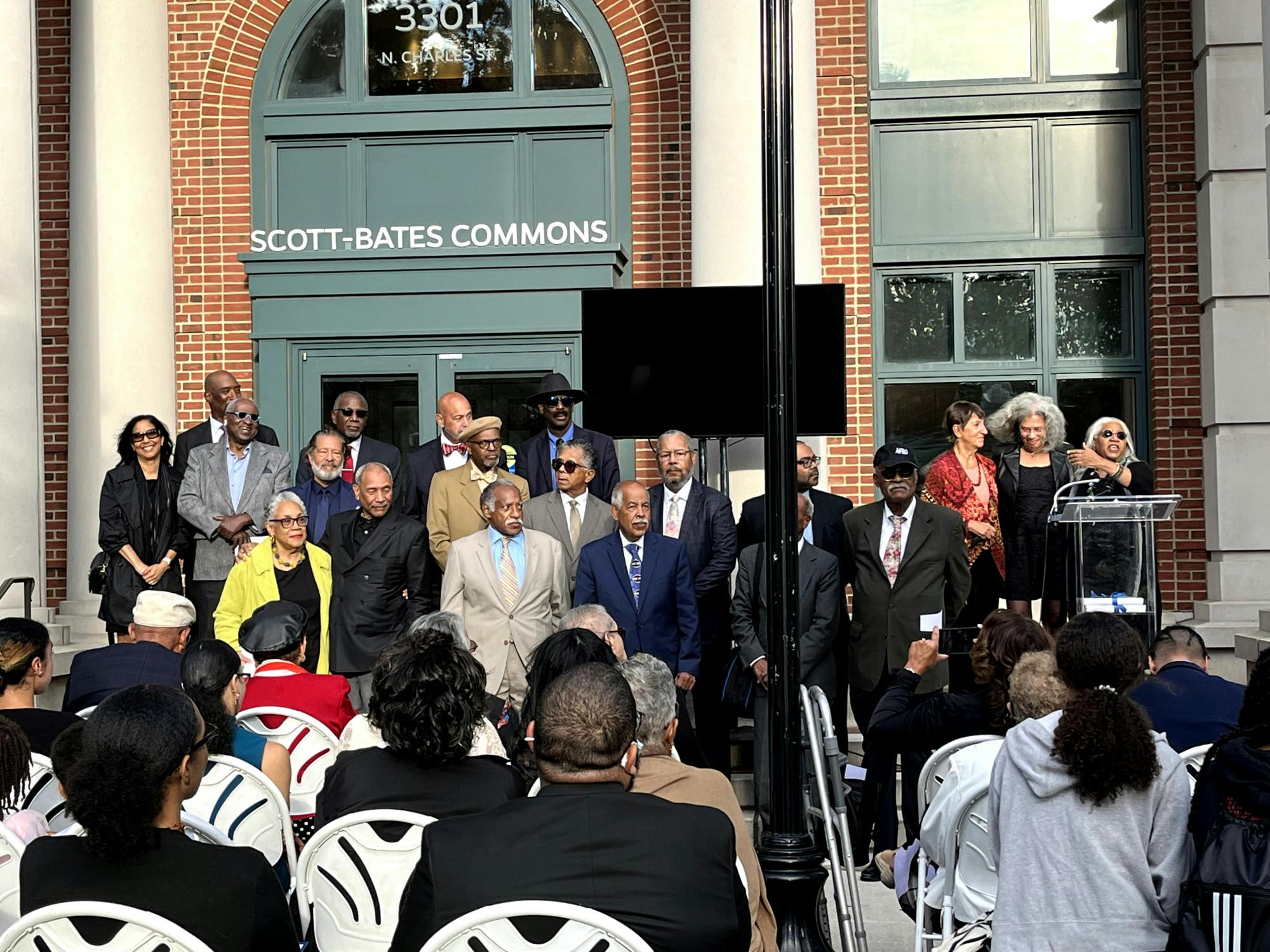 COURTESY OF LILAC LIN
The Fred Scott Brigade gather in front of the newly dedicated Scott Tower.