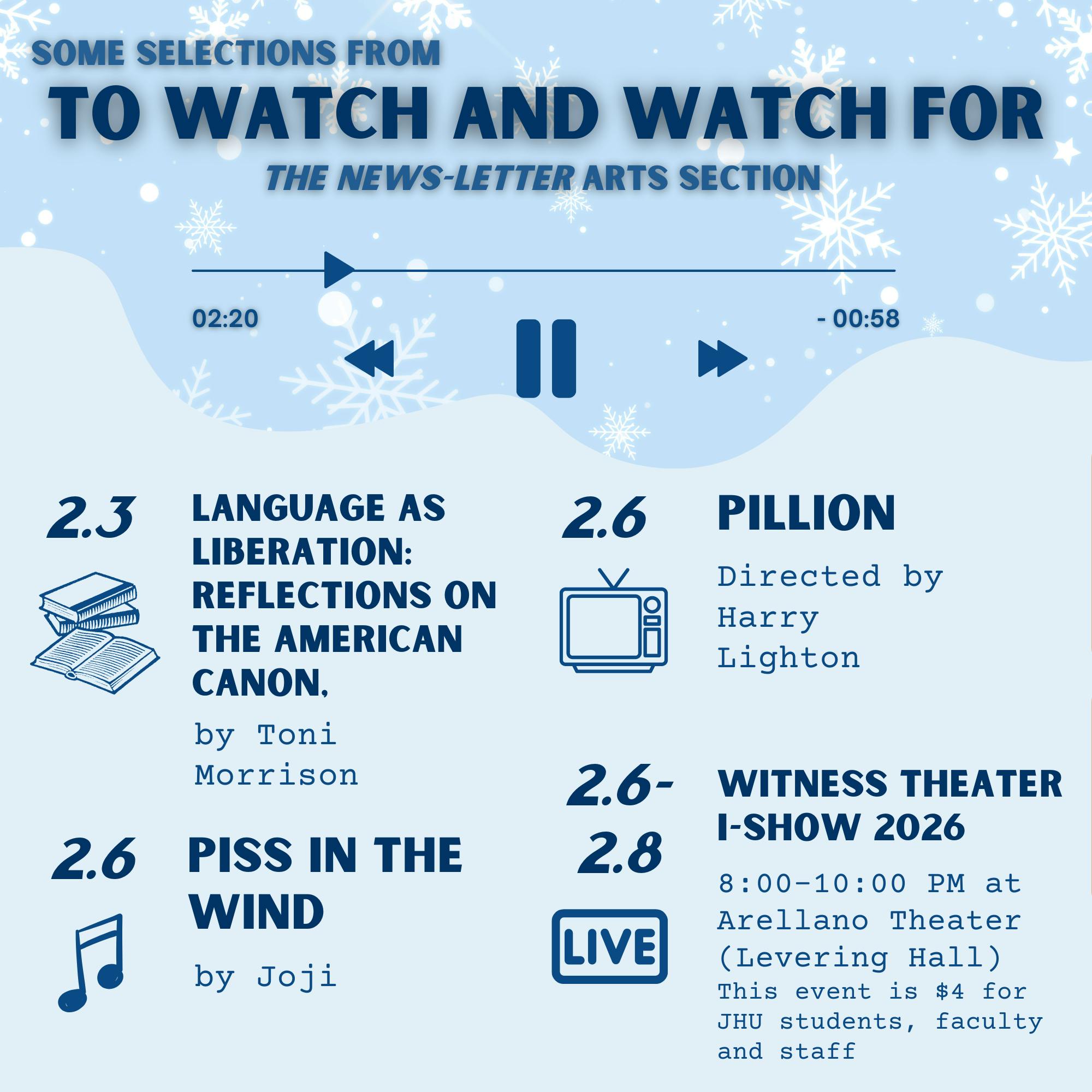 SYDNOR DUFFY / DESIGN &amp; LAYOUT EDITOR&nbsp;
Stop by Arellano Theater and watch student-written and directed plays! Admission is $4 for Hopkins affiliates.