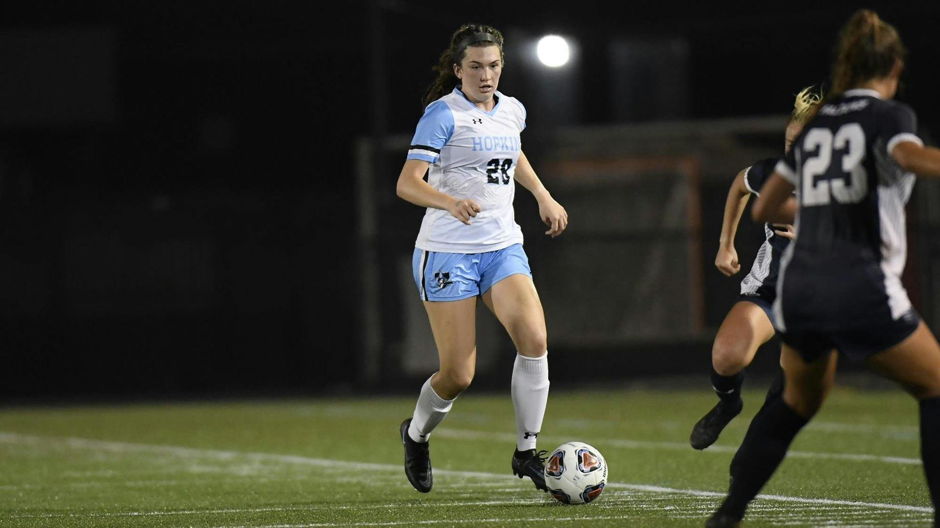 COURTESY OF HOPKINSSPORTS.COM
Sophomore defender Sophia Stone tallied the first goal of her career in a 4-0 win over Catholic University.