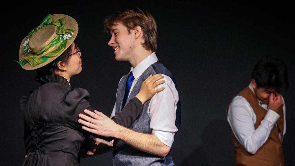 STEVEN SIMPSON / PHOTO EDITOR
Miss Prism (Liesel Arauz Vallecillo; left) reunites with Jack (Jackson Robien; center) as his friend Algernon (Ryan Garza; right) struggles with the ridiculous turn of events.