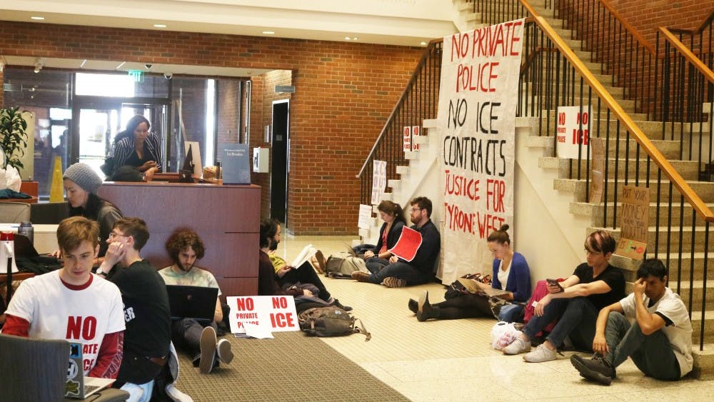 EDA INCEKARA/PHOTOGRAPHY EDITOR
The sit-in began at Garland Hall on Wednesday, April 3 at 1 p.m. Students Against Private Police and the Hopkins Coalition Against ICE organized the protest.