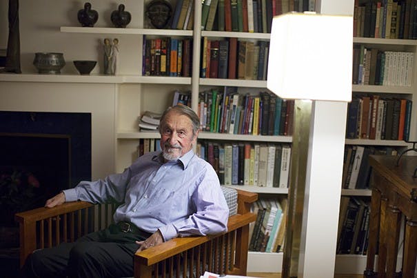 Harvard Professor of Chemistry Martin Karplus is one of three winners of this year's Nobel Prize in Chemistry. He is pictured at home in Cambridge moments after hearing the news. Stephanie Mitchell/Harvard Staff Photographer