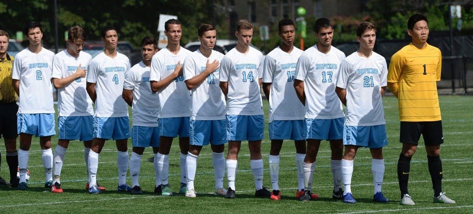 HOPKINSSPORTS.COM
The Jays lined up before the match against Franklin & Marshall, ultimately coming up just short.