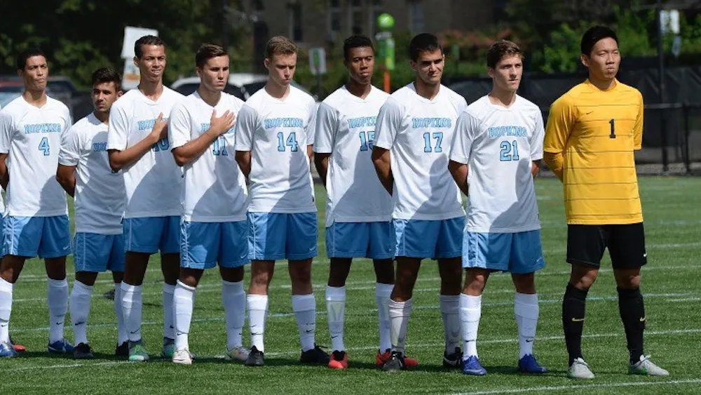 HOPKINSSPORTS.COM
The Jays lined up before the match against Franklin & Marshall, ultimately coming up just short.