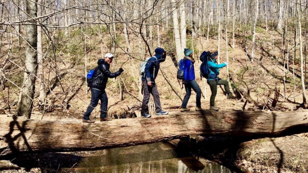 COURTESY OF EMMA WEINERT
Hikers cheerfully march across a log at Oregon Ridge Park, showing that fun can be had even in the cold.