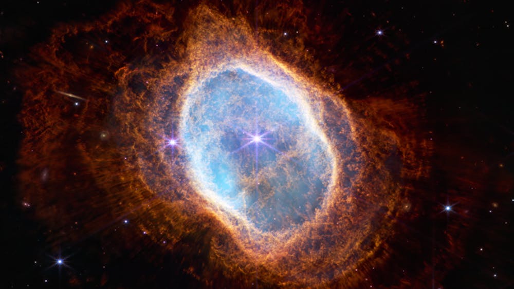 COURTESY OF NASA, ESA, CSA AND STScI
Scientists used recent data from the James Webb Space Telescope to investigate the origins of the Southern Ring Nebula, determining that two companion stars led to an early stellar death.