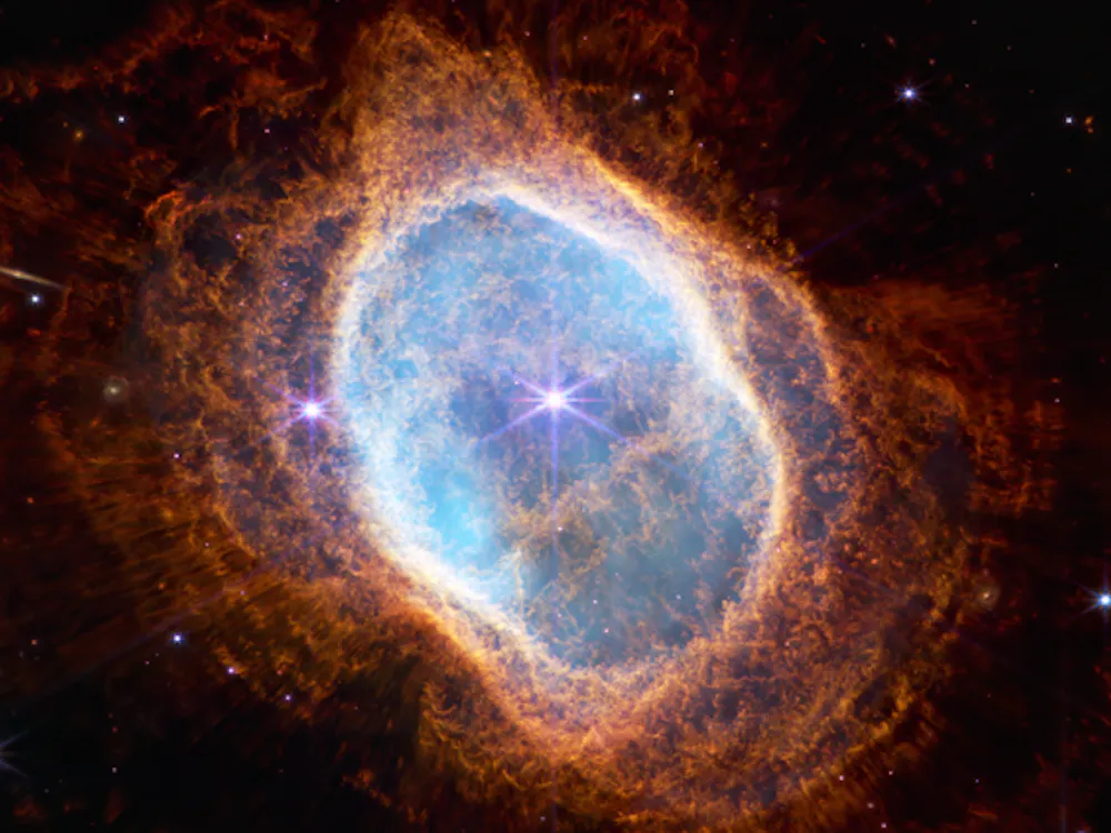 COURTESY OF NASA, ESA, CSA AND STScI
Scientists used recent data from the James Webb Space Telescope to investigate the origins of the Southern Ring Nebula, determining that two companion stars led to an early stellar death.