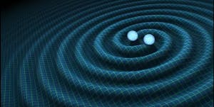  JPL
An illustration of gravitational waves formed by two black holes orbiting each other at increasing speeds.