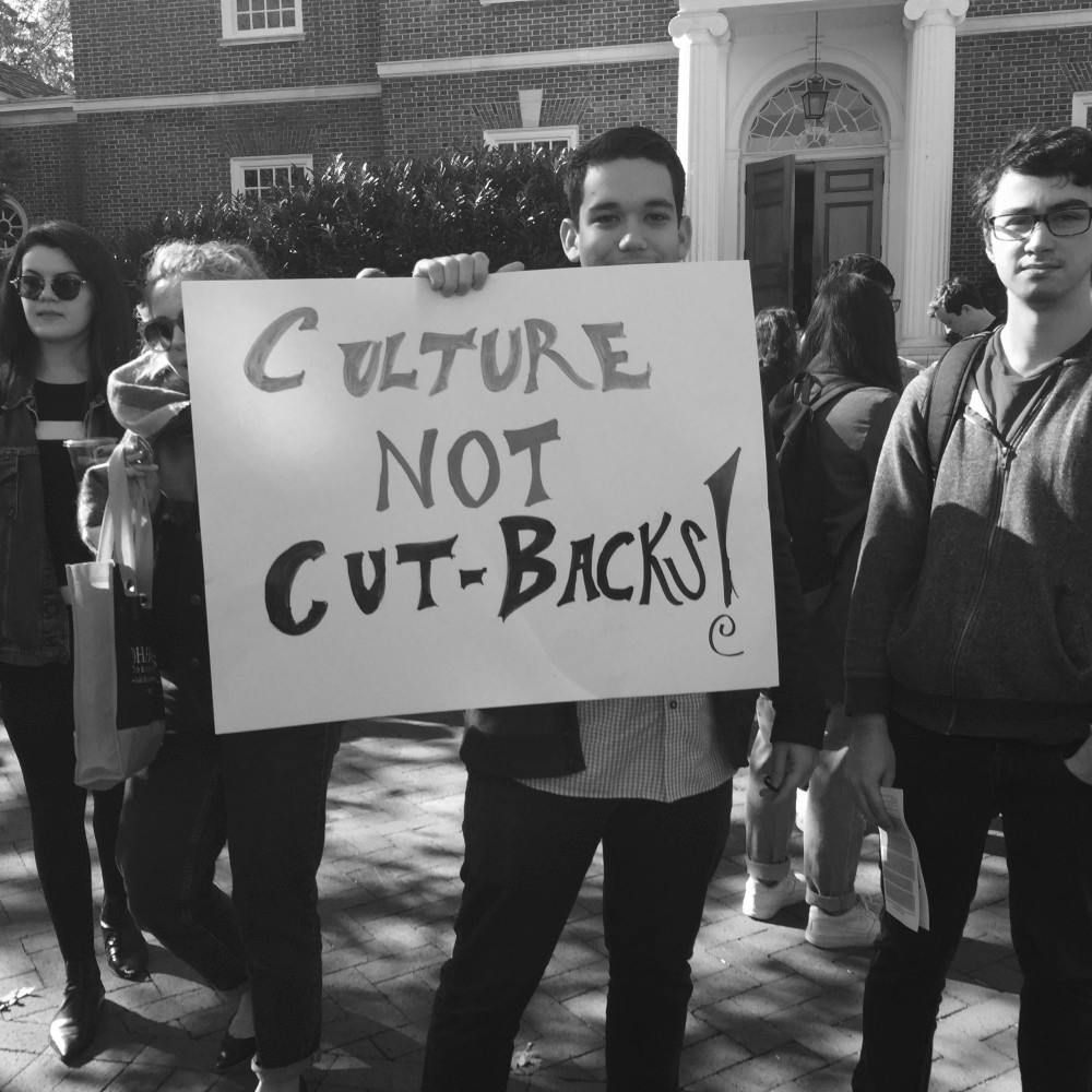Courtesy of AMANDA AUBLE
Around 50 protestors, including faculty, gathered in Levering Courtyard to support the Humanities Center. 