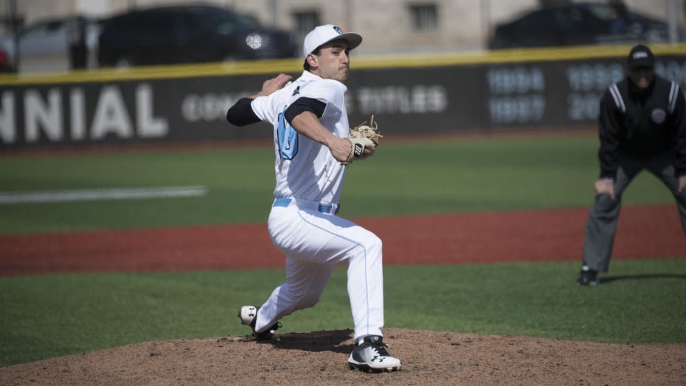 COURTESY OF HOPKINSSPORTS.COM
Senior pitcher Alex Ross pitches a complete game against the Muhlenberg Mules, recording a career-high 15 strikeouts.