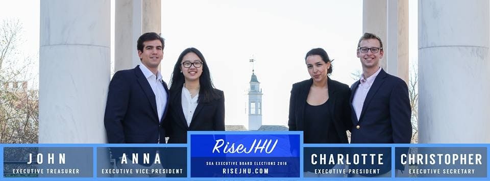 Facebook/RISEJHU, FACEBOOK/HOPSKIPSOAR, COURTESY OF JOHN HUGHES
The candidates from left to right: John Tycher, Anna Du, Charlie Green, Chris Beckmann; Christina Kilgariff, Liam Haviv; John Hughes