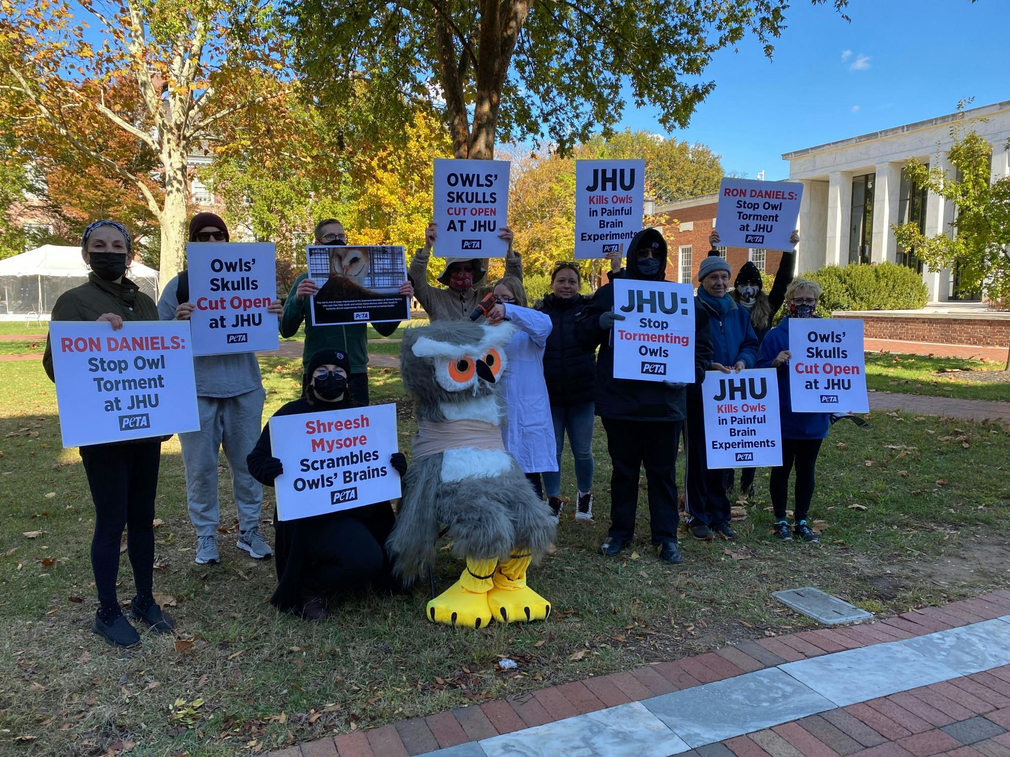 COURTESY OF AMANDA HAYS
Protesters from PETA on Keyser Quad passed out flyers and demonstrated barn owl experiments in costume.