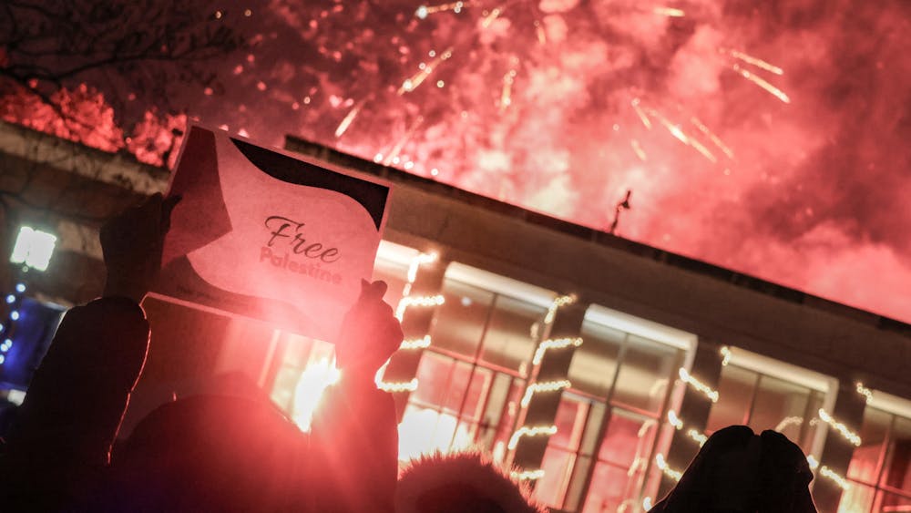 Students held up flyers demanding freedom for Palestine as the fireworks set off at the end of the 2023 Lighting of the Quads.