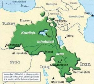  COURTESY OF TAKABEG VIA WIKIMEDIA
This map shows the areas of Syria, Iraq, Iran and Turkey where Kurdish people have traditionally lived.