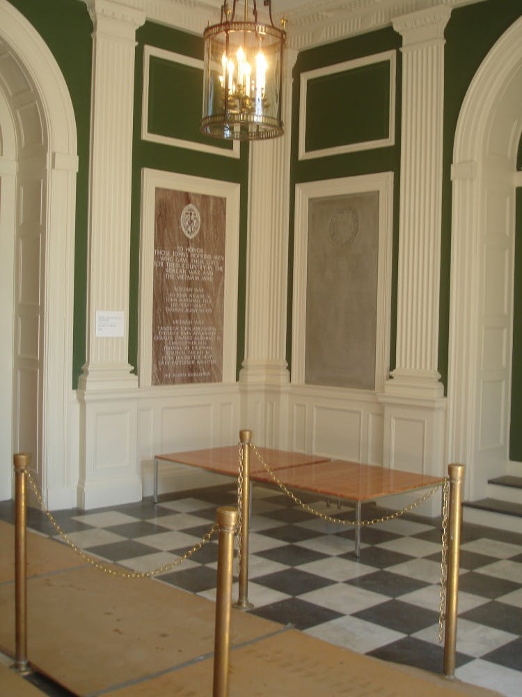 The seal is still covered, but it will be fully visible once everything else is complete. Legend has it that if prospective applicants to Hopkins step on the seal they will be rejected. If current students step on it, they won't graduate.