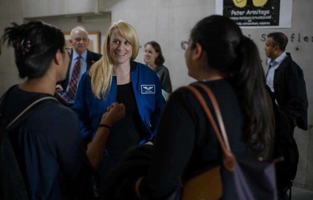 NASA astronaut Kate Rubins meets with students following a presentation at the Bloomberg Center for Physics and Astronomy on the campus of Johns Hopkins University, Monday, April 24, 2017 in Baltimore, Md.  Rubins conducted two spacewalks and became the first person to sequence DNA in space during her 115 day mission as part of Expedition 48 and 49. Photo Credit: (NASA/Joel Kowsky)