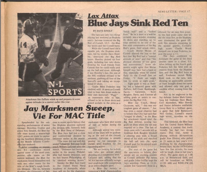 COURTESY OF THE UNIVERSITY ARCHIVES — SHERIDAN LIBRARIES
Einolf’s “Blue Jays Sink Red Ten” covered a Hopkins win over Cornell in men’s lacrosse. &nbsp;