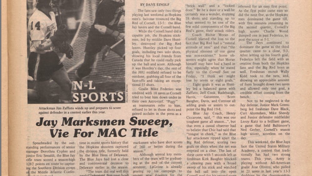 COURTESY OF THE UNIVERSITY ARCHIVES — SHERIDAN LIBRARIES
Einolf’s “Blue Jays Sink Red Ten” covered a Hopkins win over Cornell in men’s lacrosse. &nbsp;