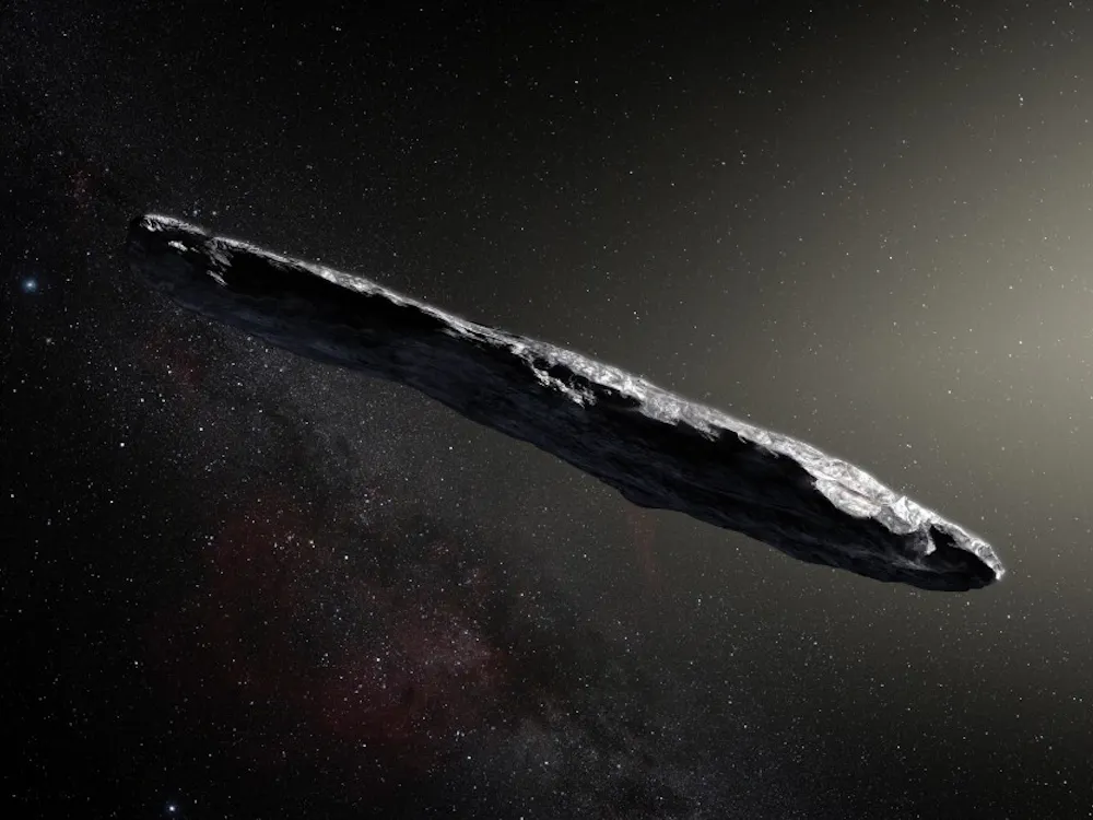 This artist’s impression shows the first interstellar asteroid: `Oumuamua. This unique object was discovered on 19 October 2017 by the Pan-STARRS 1 telescope in Hawai`i. Subsequent observations from ESO’s Very Large Telescope in Chile and other observatories around the world show that it was travelling through space for millions of years before its chance encounter with our star system. `Oumuamua seems to be a dark red highly-elongated metallic or rocky object, about 400 metres long, and is unlike anything normally found in the Solar System.