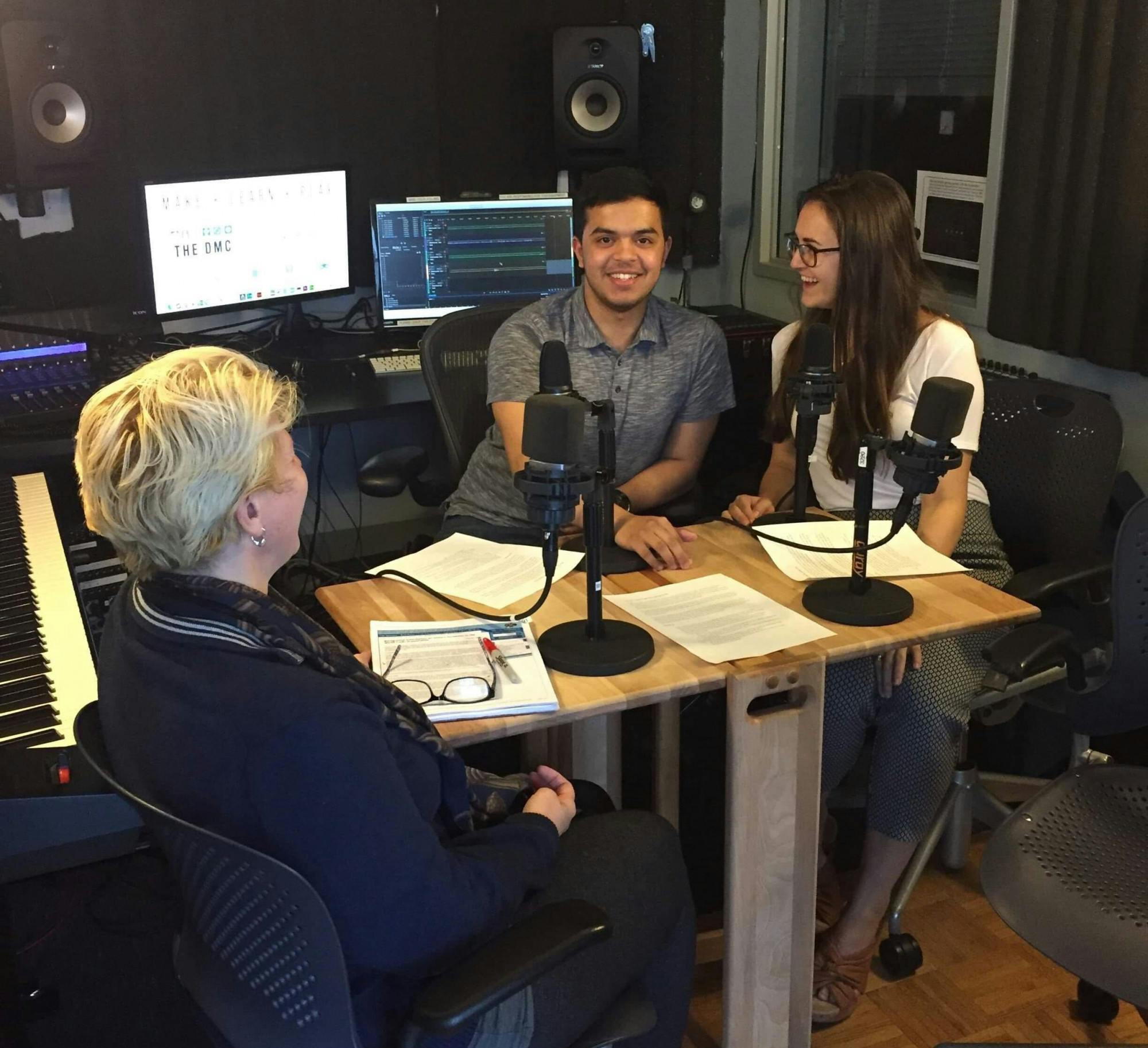 COURTESY OF ZACH WHEELER
The Hopkins Podcast on Foreign Affairs features a wide range of guests, including political economist Giovanna Maria Dora Dore, pictured here with co-founders Franz Osilia and Megan Rutkai.