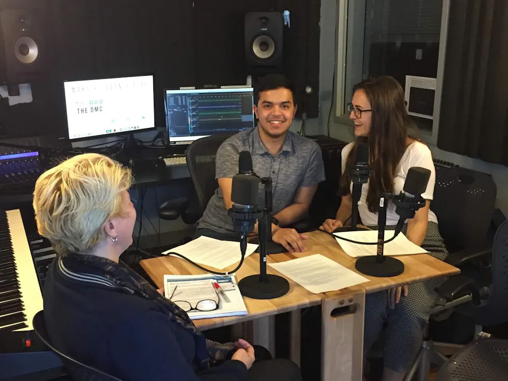 COURTESY OF ZACH WHEELER
The Hopkins Podcast on Foreign Affairs features a wide range of guests, including political economist Giovanna Maria Dora Dore, pictured here with co-founders Franz Osilia and Megan Rutkai.