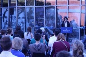  COURTESY OF ALLY HARDEBECK
The Women of Hopkins installation at the Mattin Center exhibits banners of notable female affiliates.