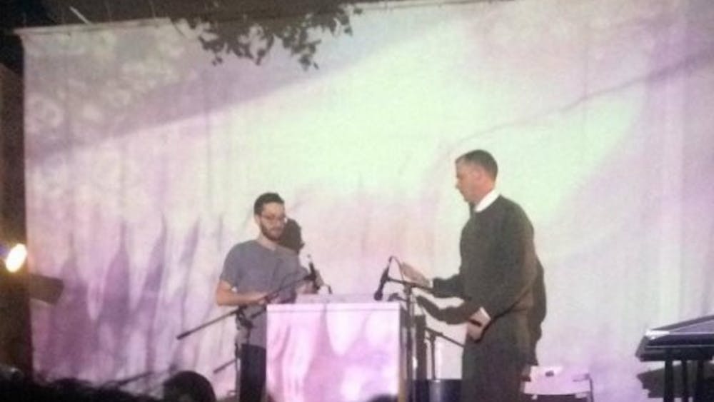 COurtesy of David Shi
M.C. Schmidt (right) of Matmos “plays” the washing machine while partner Drew Daniel sits nearby, sampling and composing.