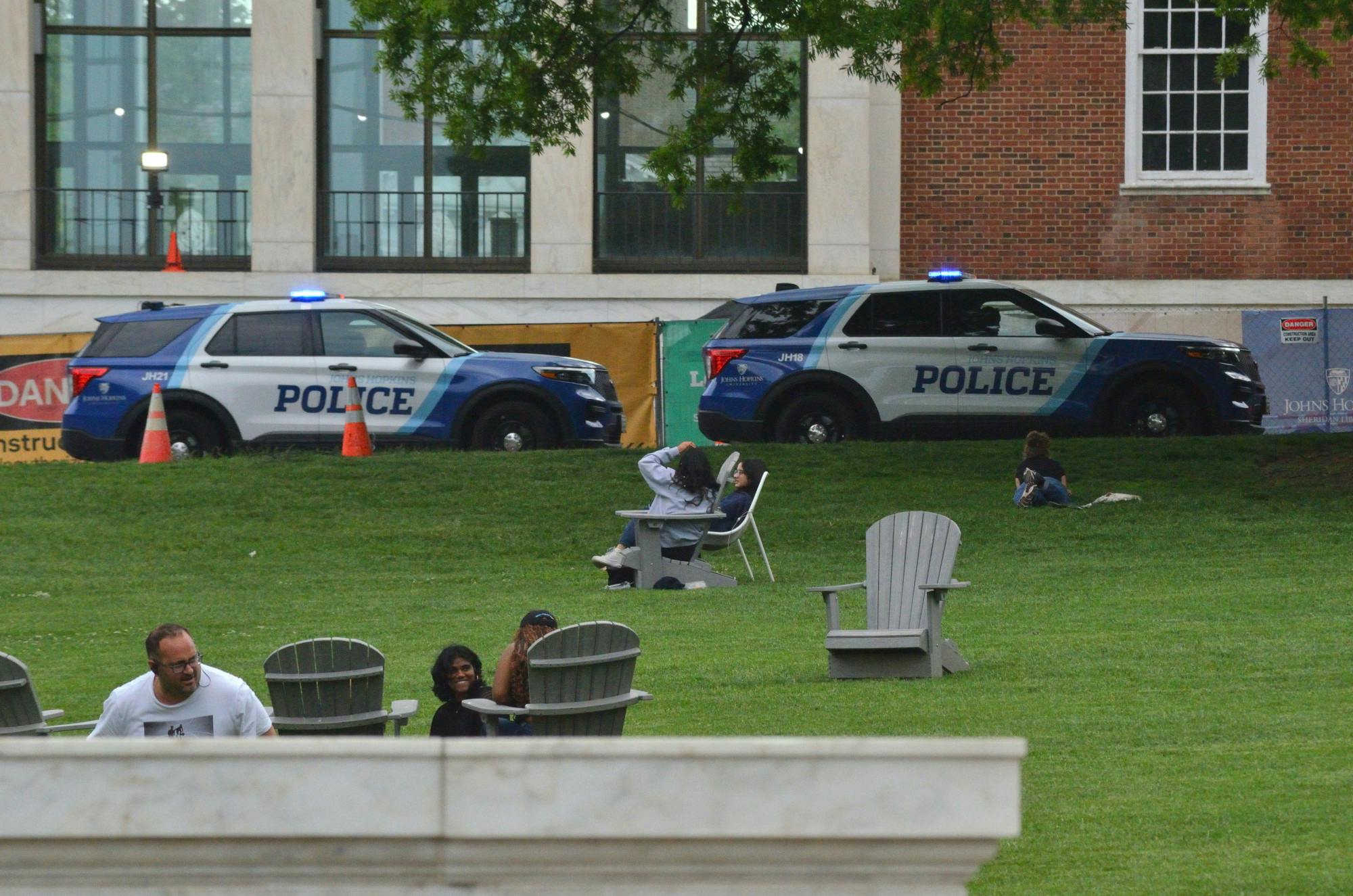 JOSH LONSTEIN / PHOTO EDITOR
On May 8, the Hopkins Justice Collective attempted to form an encampment on Keyser Quad. Johns Hopkins Public Safety and the Johns Hopkins Police Department dismantled the tents and dispersed the protesters within the hour.
