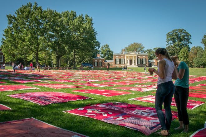  KAREEM OSMAN/PHOTOGRAPHY EDITOR
After delays, the Monument Quilt came to the Homewood Campus Wednesday to display reactions to sexual assault. 