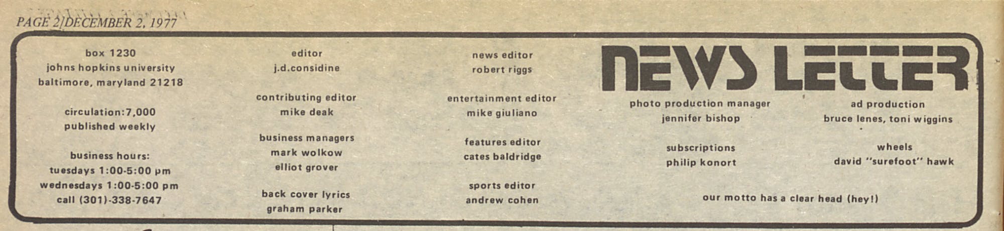 COURTESY OF THE UNIVERSITY ARCHIVES — SHERIDAN LIBRARIES&nbsp;
Mike Deak, Elliot Grover, Phil Konort and Mark Wolkow worked together on The News-Letter, as shown in this masthead from 1977.