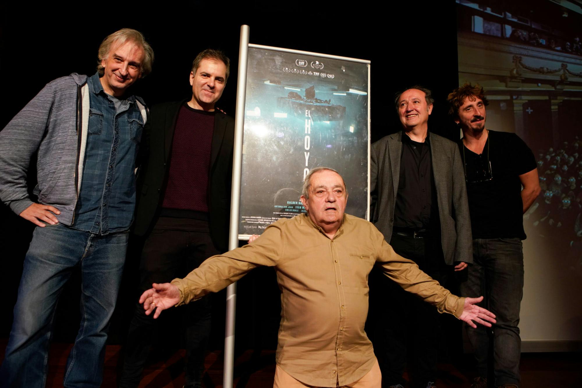DONOSTIO KULTURA / CC BY-SA 2.0
The creators of The Platform posing for a screening of the first film in the series. From left to right: Pedro Rivero, Galder Gaztelu-Urrutia, Zorion Egileor, Carlos Juárez &amp; Iván Masagué.