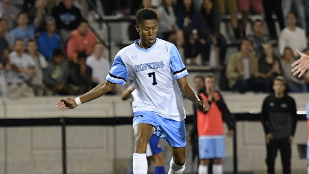 HOPKINSSPORTS.com
Sophomore Achim Younker scored both Blue Jay goals against Goucher.