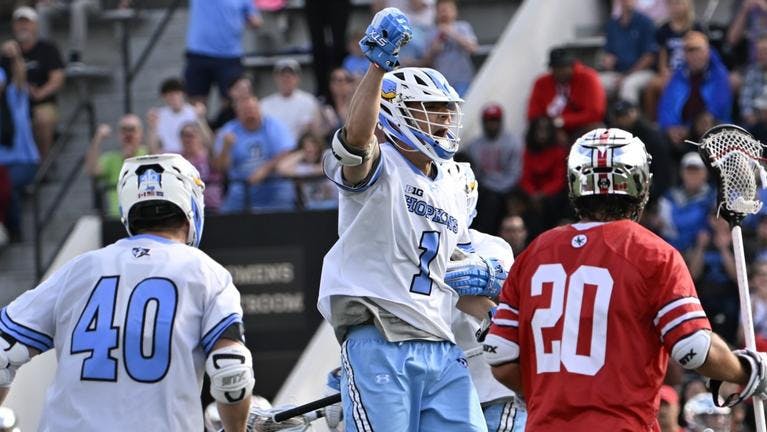 COURTESY OF HOPKINSPORTS.COM
Sophomore midfielder and defenseman Nick Kaufman celebrates the Blue Jays' dominant victory over the Ohio State University Buckeyes, 17–8.