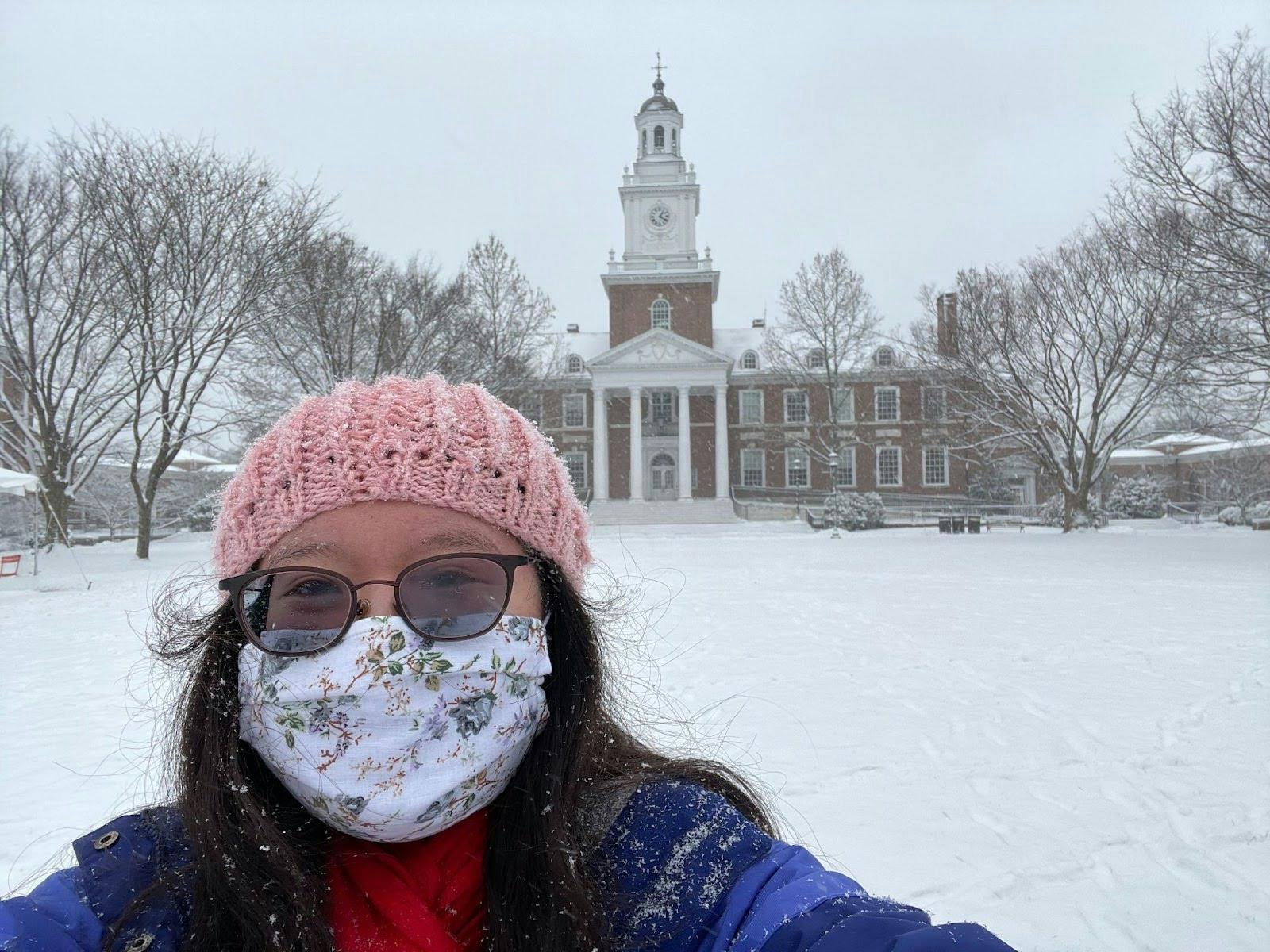 COURTESY OF ELAINE YANG
Yang on a solo walk around the Homewood Campus in January 2021.