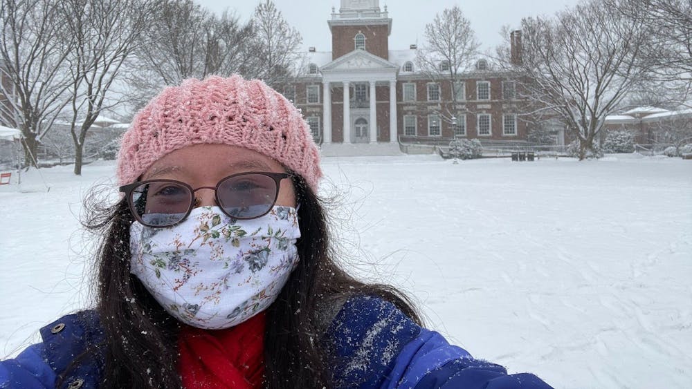 COURTESY OF ELAINE YANG
Yang on a solo walk around the Homewood Campus in January 2021.