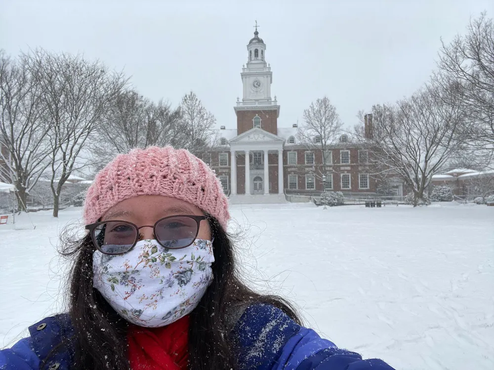 COURTESY OF ELAINE YANG
Yang on a solo walk around the Homewood Campus in January 2021.
