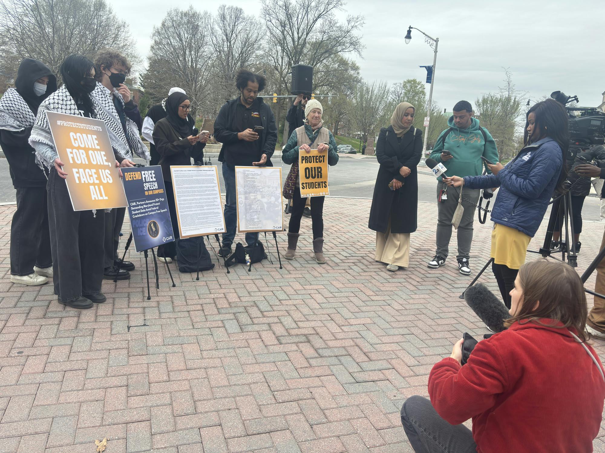 COURTESY OF MAYA BRITTO
HJC, CAIR and other Baltimore community groups gathered to host a press conference about the importance of a joint letter calling on Maryland legislators and government officials to ensure universities protect student data and information from federal agencies.&nbsp;