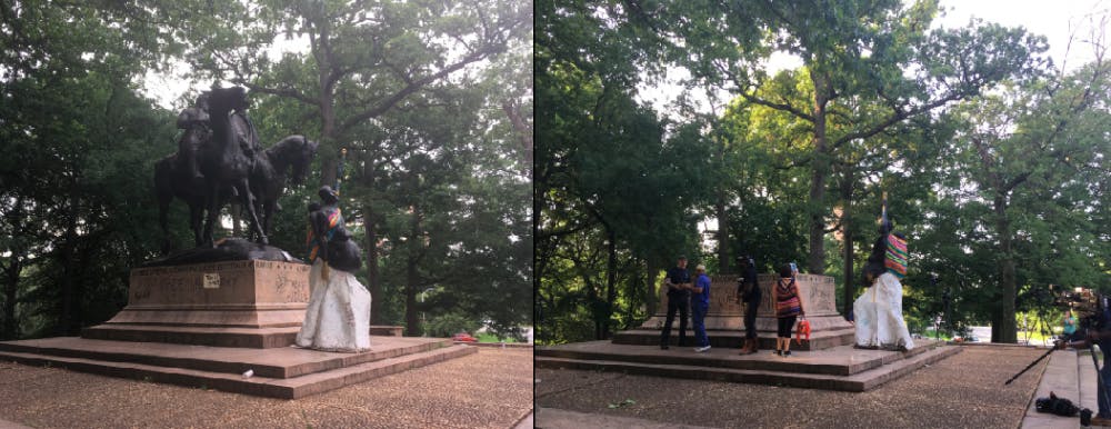 COURTESY OF ROLLIN HU
Left: The Lee-Jackson monument on Monday, following a demonstration against white supremacy. Right: On Wednesday, community members gathered in Wyman Park Dell after the statue’s removal. 