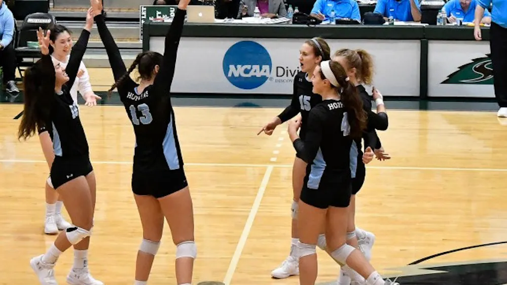 HOPKINSSPORTS.COM
The Blue Jays celebrate after a 3-1 win over Stevenson University.