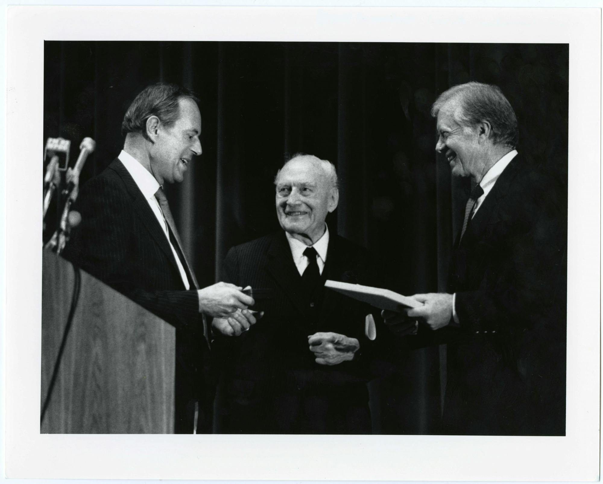 One of Gum's most memorable stories was covering the address to freshmen by then-University President Steven Muller, pictured in 1987 with former U.S. President Jimmy Carter and Alfred Carl Toepfer.

