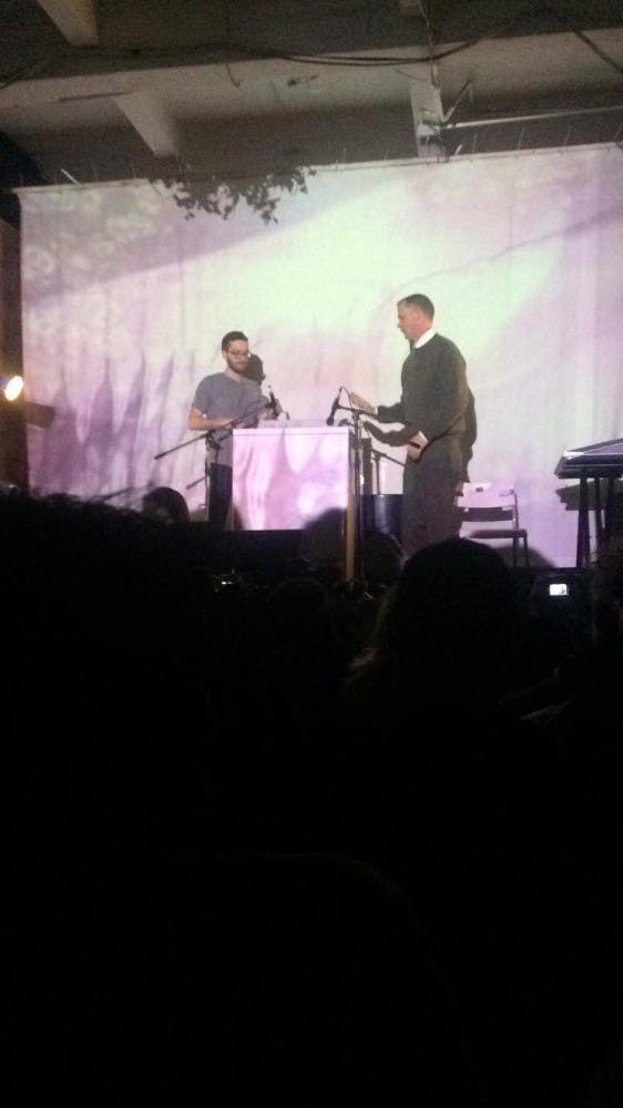 COurtesy of David Shi
M.C. Schmidt (right) of Matmos “plays” the washing machine while partner Drew Daniel sits nearby, sampling and composing.
