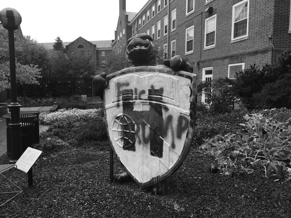 COURTESY OF ROLLIN HU
Students painted the Blue Jay statue outside of the FFC in protest of Trump’s victory.