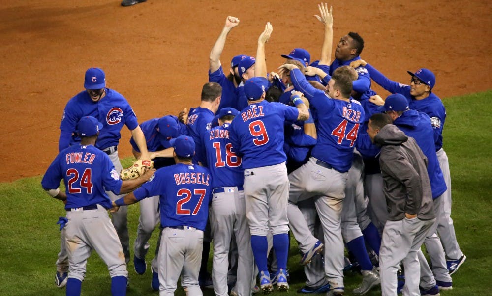 The Cubs celebrate after winning the 2016 World Series.