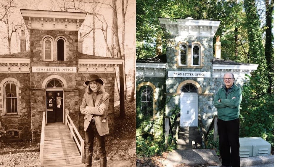 COURTESY OF RICHARD CHILDRESS &amp; WILL KIRK
Hill stands in front of the Gatehouse in 1972 and 2018.